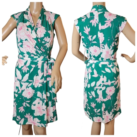 NWT Eliza J. Green/Pink floral stretch faux wrap dress.  Women's size 2. - Picture 1 of 16